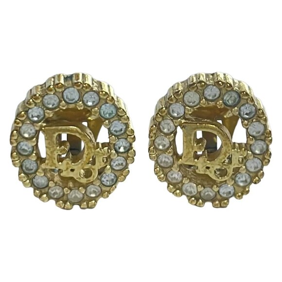Christian Dior Gold Clear Hardware Rhinestones Clip On Earrings 200-081725 - Picture 1 of 3